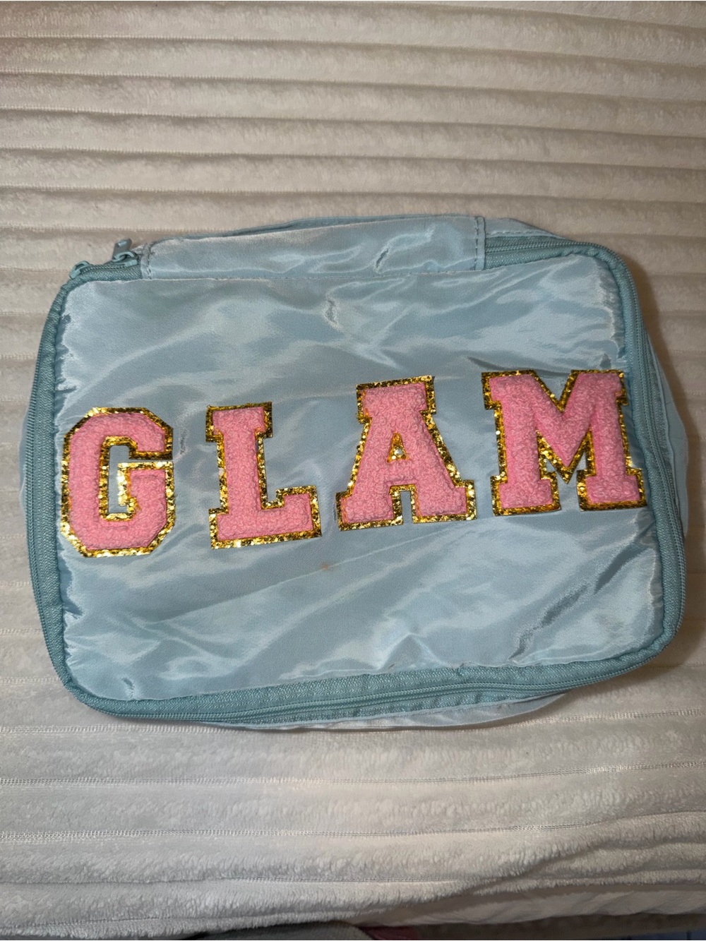 Unk Light Blue Cosmetic Bag with Pink GLAM Appliqué and Gold Trim
